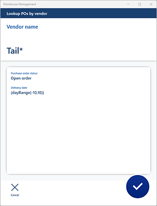 Screenshot of purchase receiving using PO lookup by vendor with key-in detours.