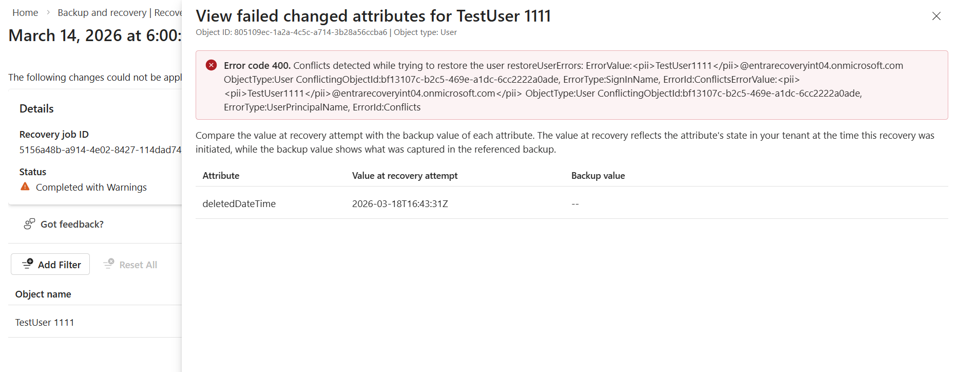 Screenshot of the View failed changed attributes flyout showing error details and attribute value comparison.