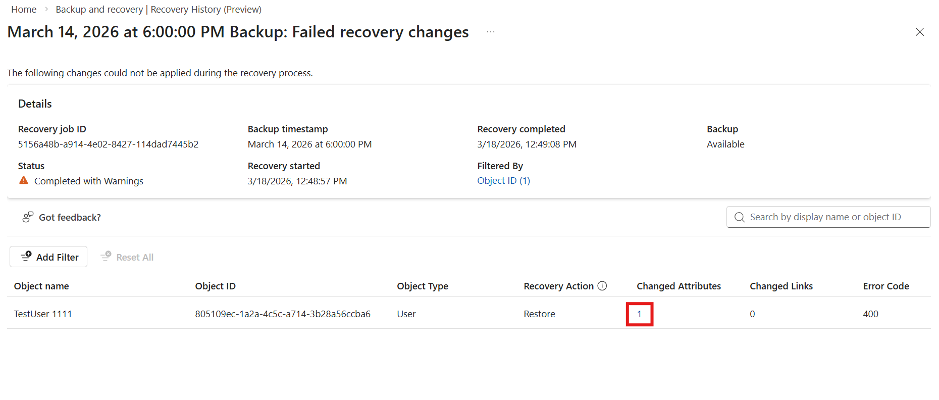 Screenshot of the Failed recovery changes page showing recovery job details and a failed object with Error Code 400.