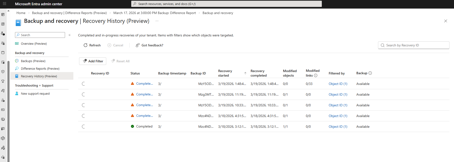 Screenshot of the Recovery History page showing multiple recovery operations with status and timestamp details.