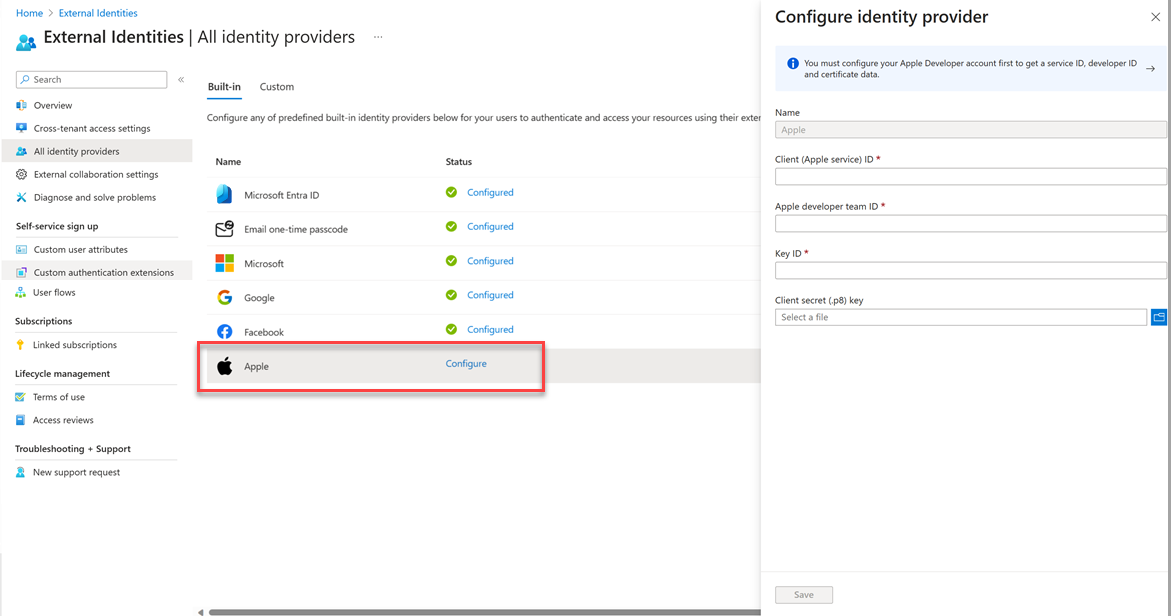 Screenshot of the Apple identity provider configuration page in the Microsoft Entra admin center with fields for client ID, team ID, key ID, and client secret key.