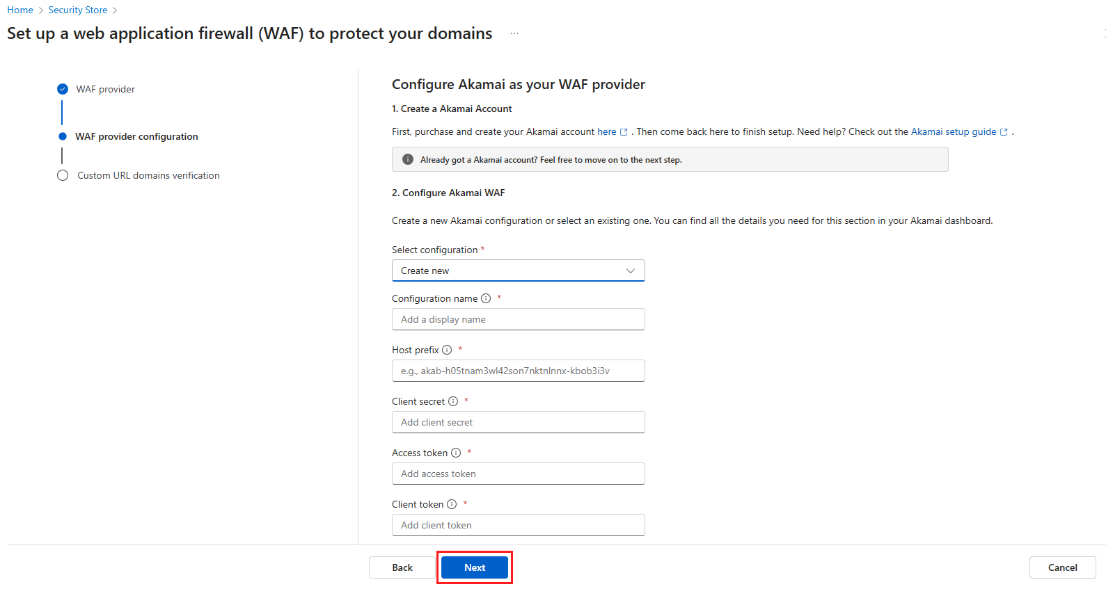 Screenshot of the configure WAF provider page.