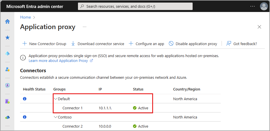 Screenshot that shows the connector groups and connector group details.