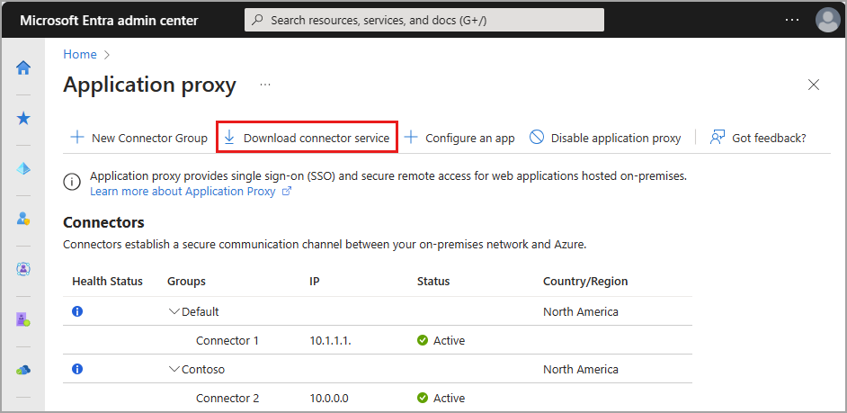 Screenshot that shows the Download connector service button in the App proxy page.