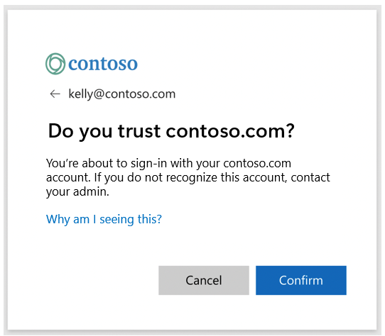 Screenshot of the domain confirmation dialog that shows a sign-in identifier and a tenant domain.