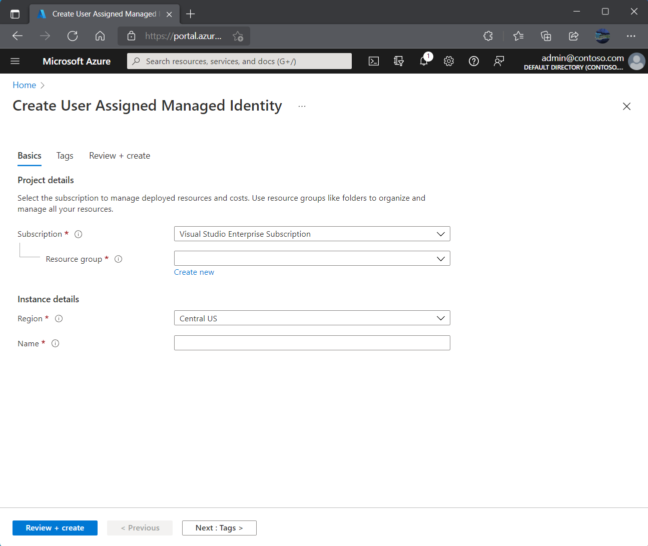 Screenshot that shows the Create User-assigned Managed Identity pane.
