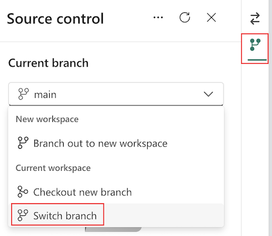 Screenshot of source control check out a new branch option.