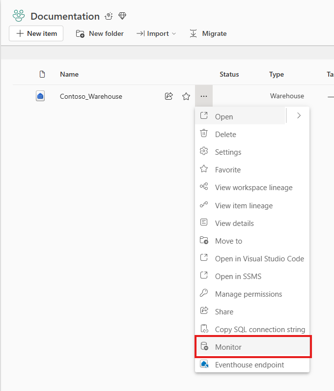 Screenshot of the Monitor entry point from the workspace context menu.