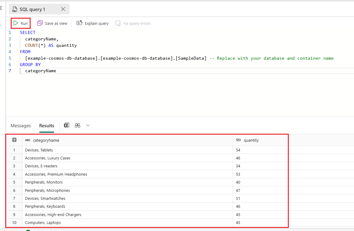 Screenshot of a Transact SQL (T-SQL) query using the query editor in the SQL analytics endpoint for a basic scenario.