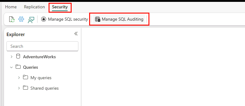 Screenshot from the Fabric portal, showing the Security tab, and the Manage SQL auditing button.