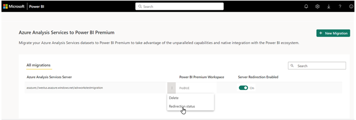 Screenshot of the More options menu with the Redirection status option selected.