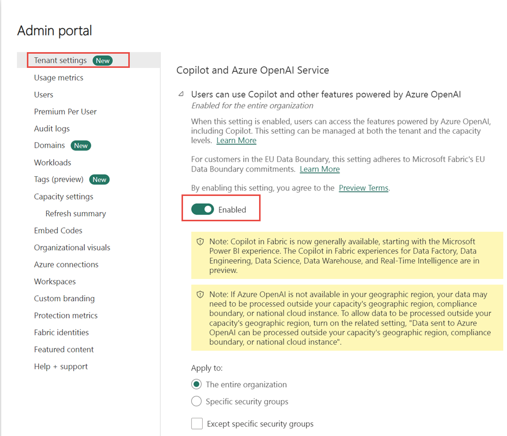 Screenshot of the Fabric admin portal with the Copilot tenant setting toggle highlighted.