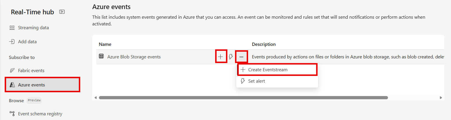 Screenshot that shows the Real-Time hub Azure events page.