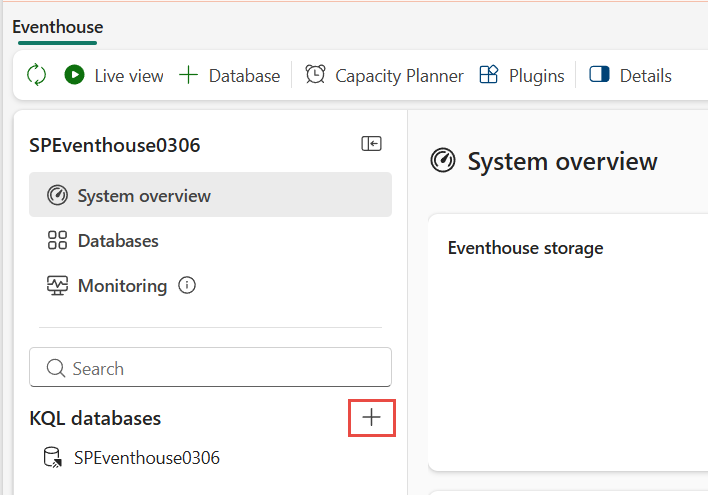Screenshot showing the eventhouse KQL Databases section.