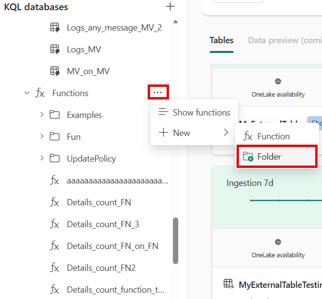 Screenshot of the pop-up menu showing the option to create a new folder for the function.