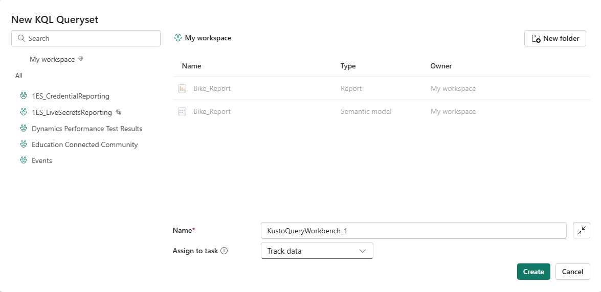 Screenshot of new KQL queryset window the list of workspaces to select.
