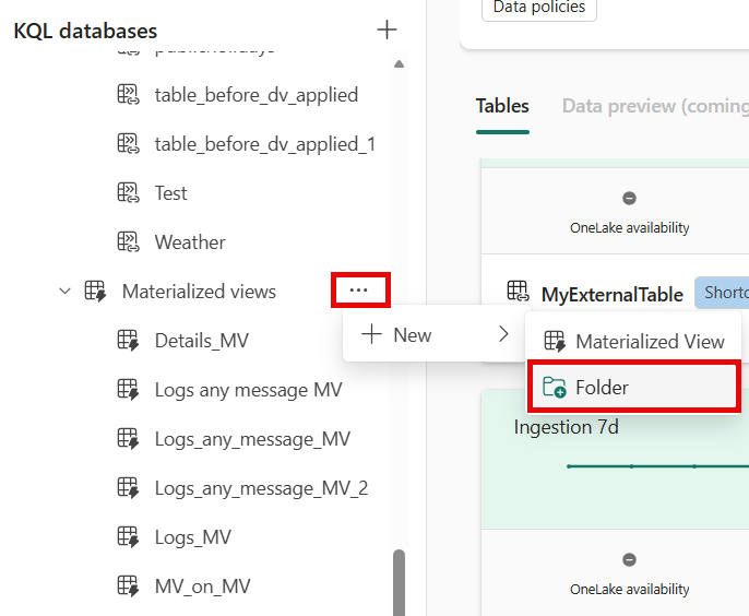 Screenshot of the pop-up menu showing the option to create a new folder for the materialized view.