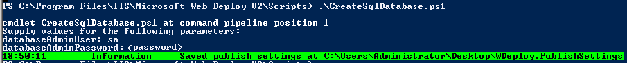 Screenshot of a Powershell console with scripting and output with connection to existing publish settings file.