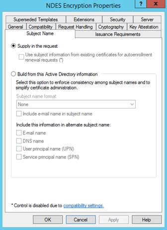 Certificate template Subject Name tab with Supply in the request option selected