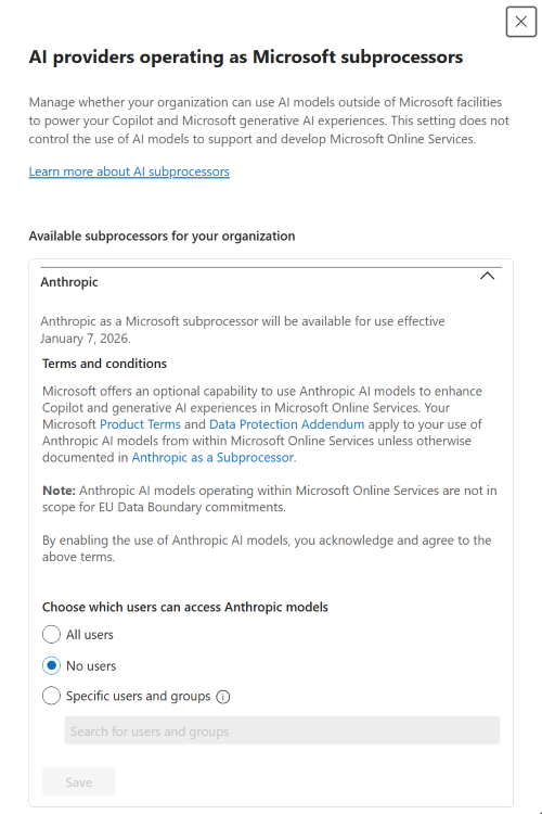 Screenshot of the choice in the Microsoft 365 admin center UI to use Anthropic models