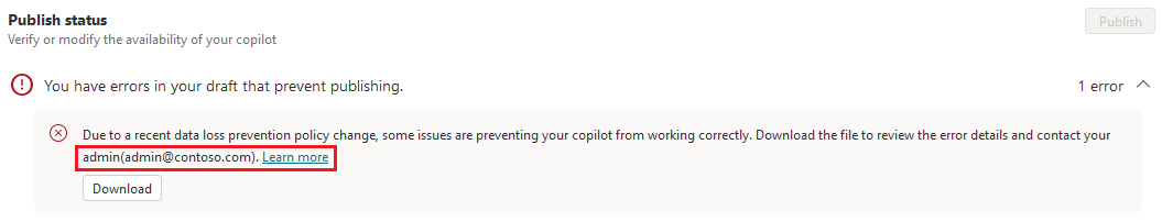 Screenshot of a data policy related error message in Copilot Studio, with an email address and 'Learn more' link highlighted.