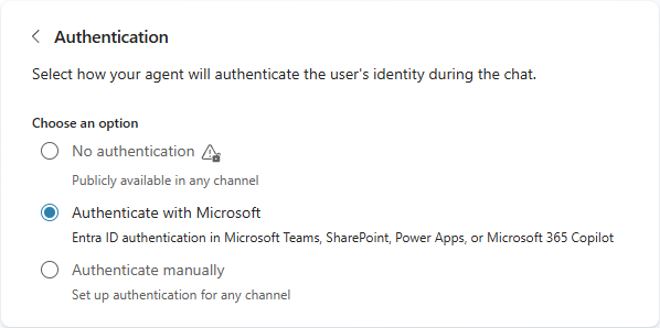 Screenshot of the authentication configuration panel with the 'Authenticate with Microsoft' option selected.
