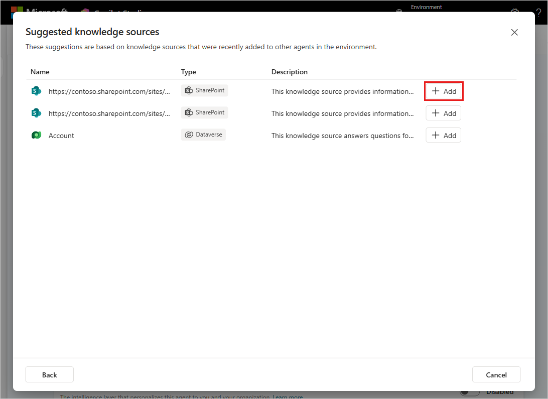 The Suggested knowledge sources dialog showing a list of suggested knowledge sources with options to add them to your agent.
