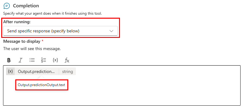 Screenshot of the 'Completion' screen with the 'Send specific response (specify below)' setting.