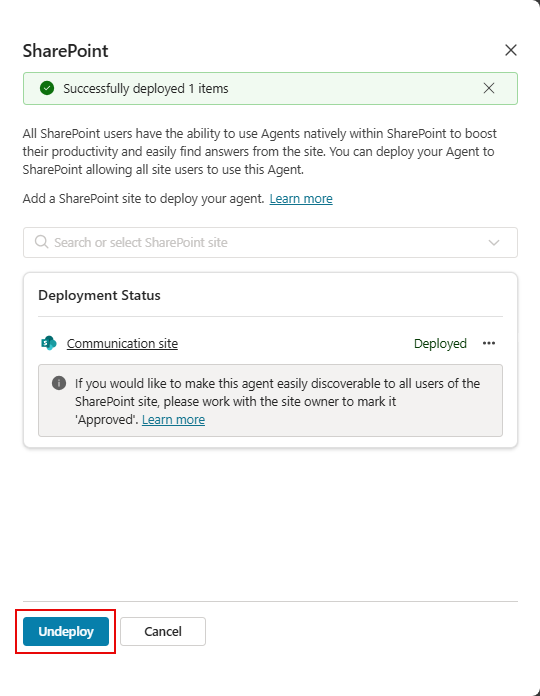 Screenshot of the SharePoint configuration panel with the Undeploy button highlighted.