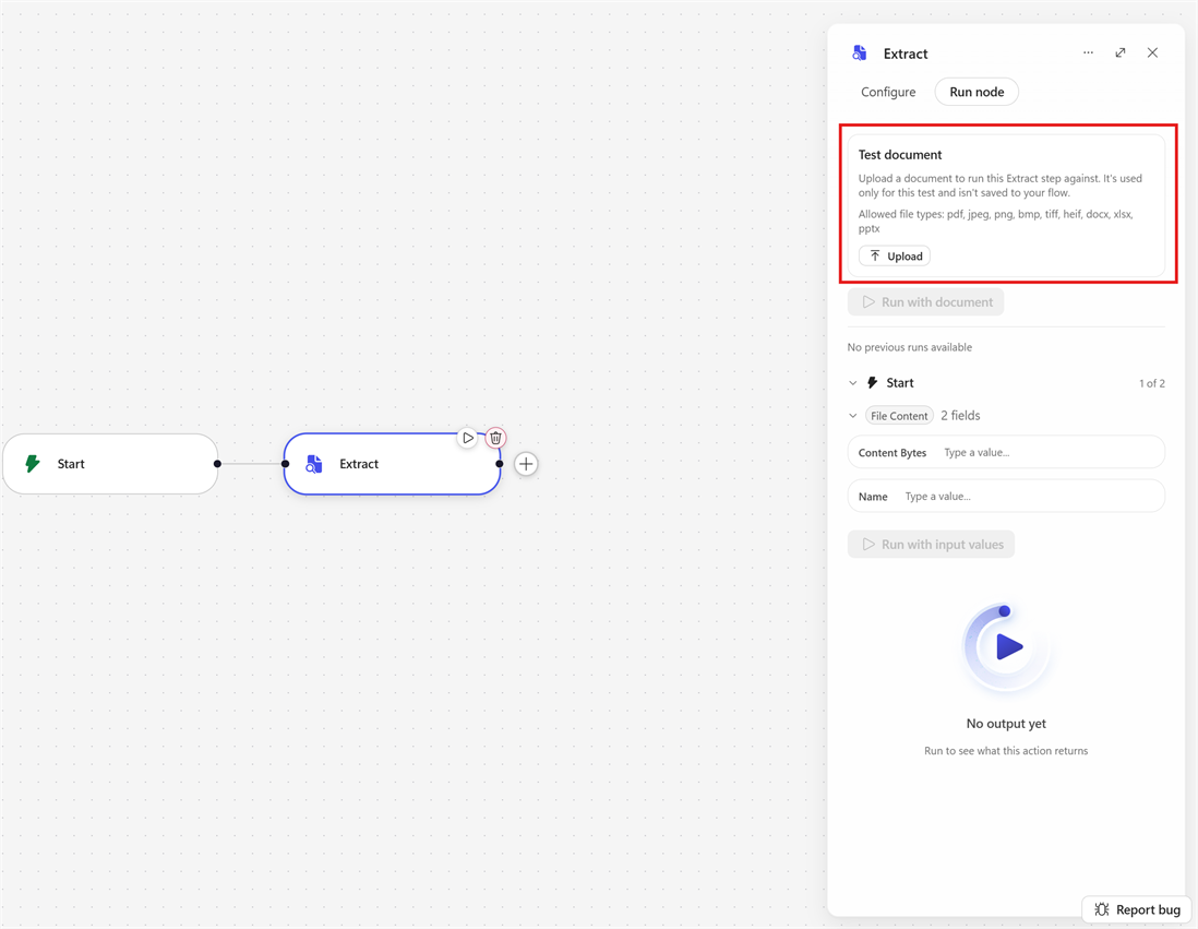 Screenshot of the Extract node Run node panel with the Test document upload area highlighted.