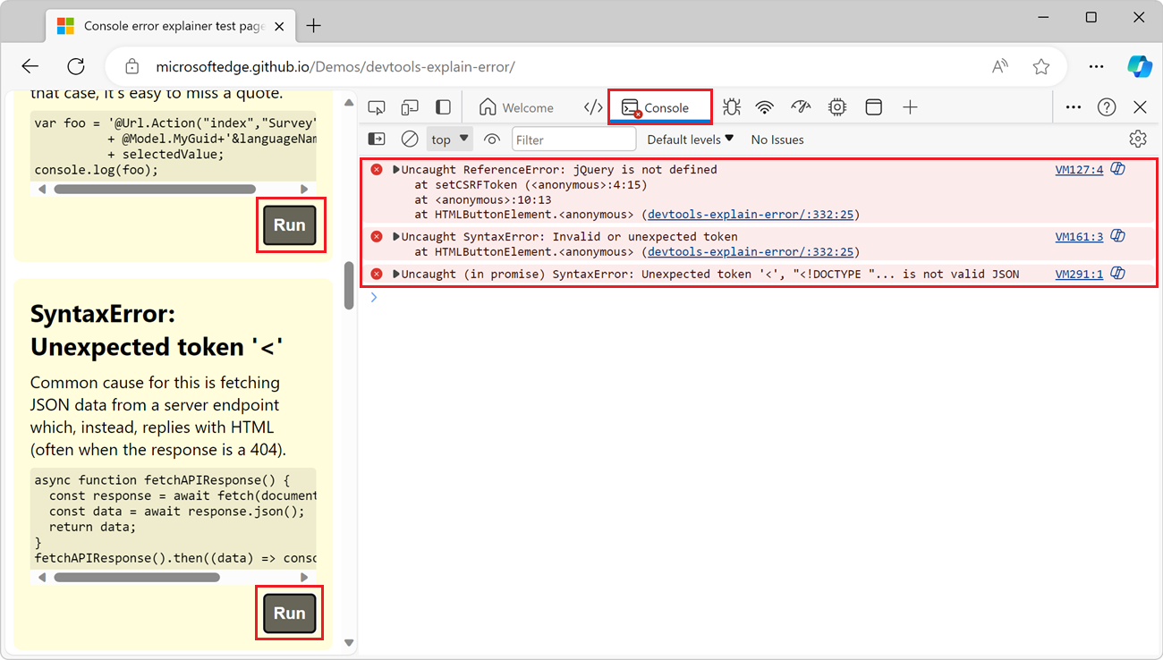 The demo webpage in Edge, with the DevTools Console next to it, showing a few error messages