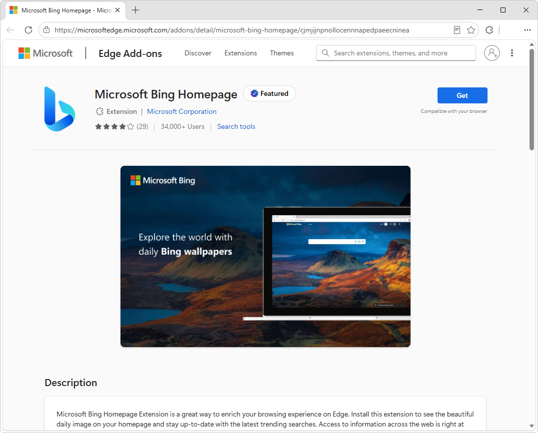 The Microsoft Bing Homepage extension