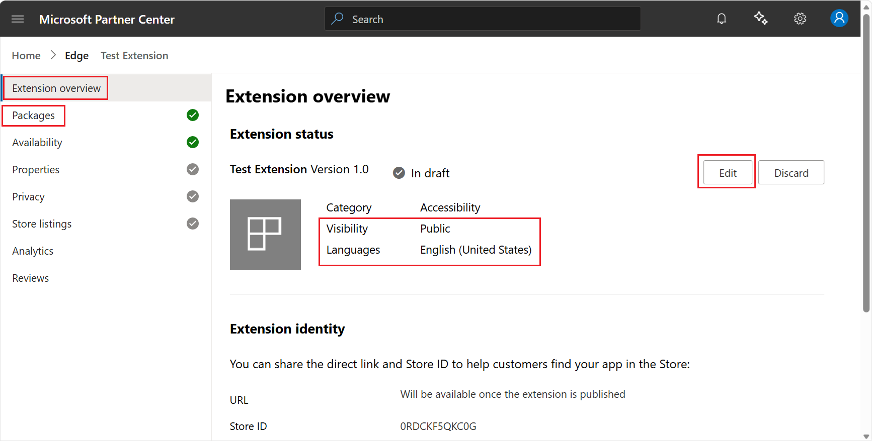 Extension page for a specific extension