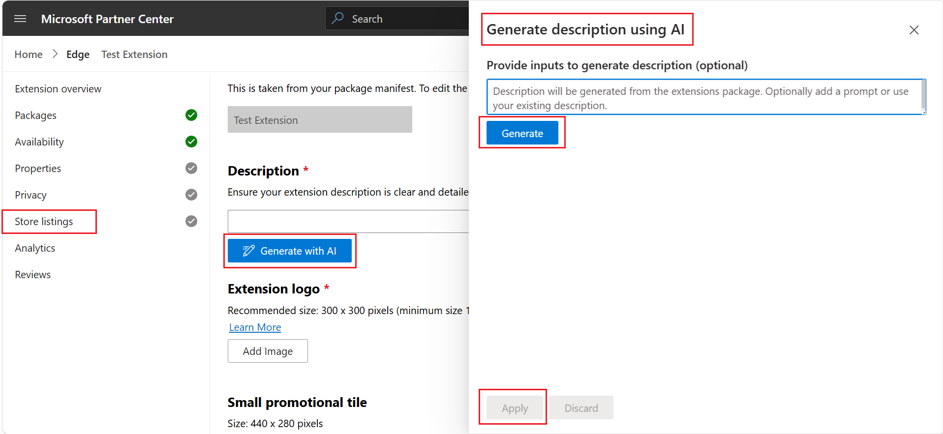 The Generate description using AI sidebar with a Provide inputs text box