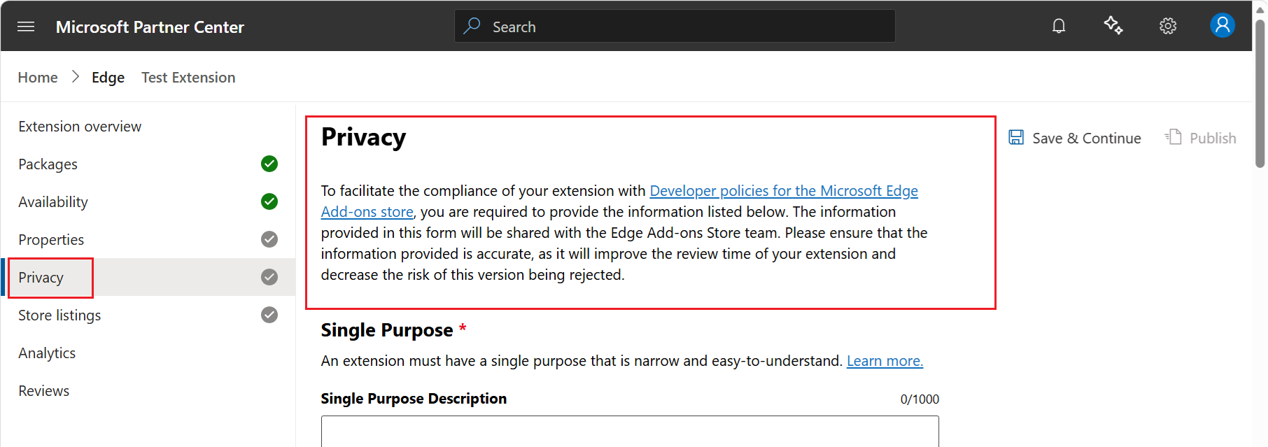The Privacy page for an extension, at Partner Center