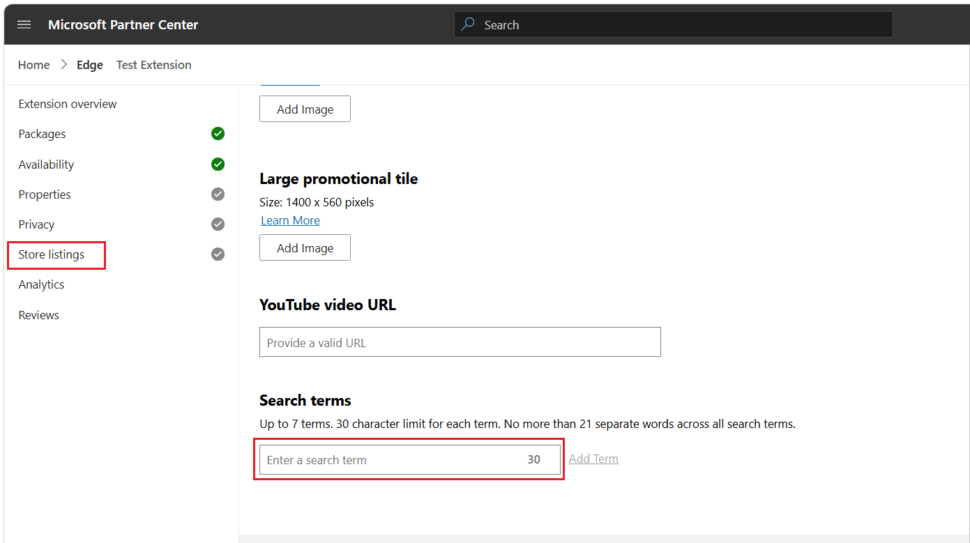 The "Search terms" text box in the Details for English page