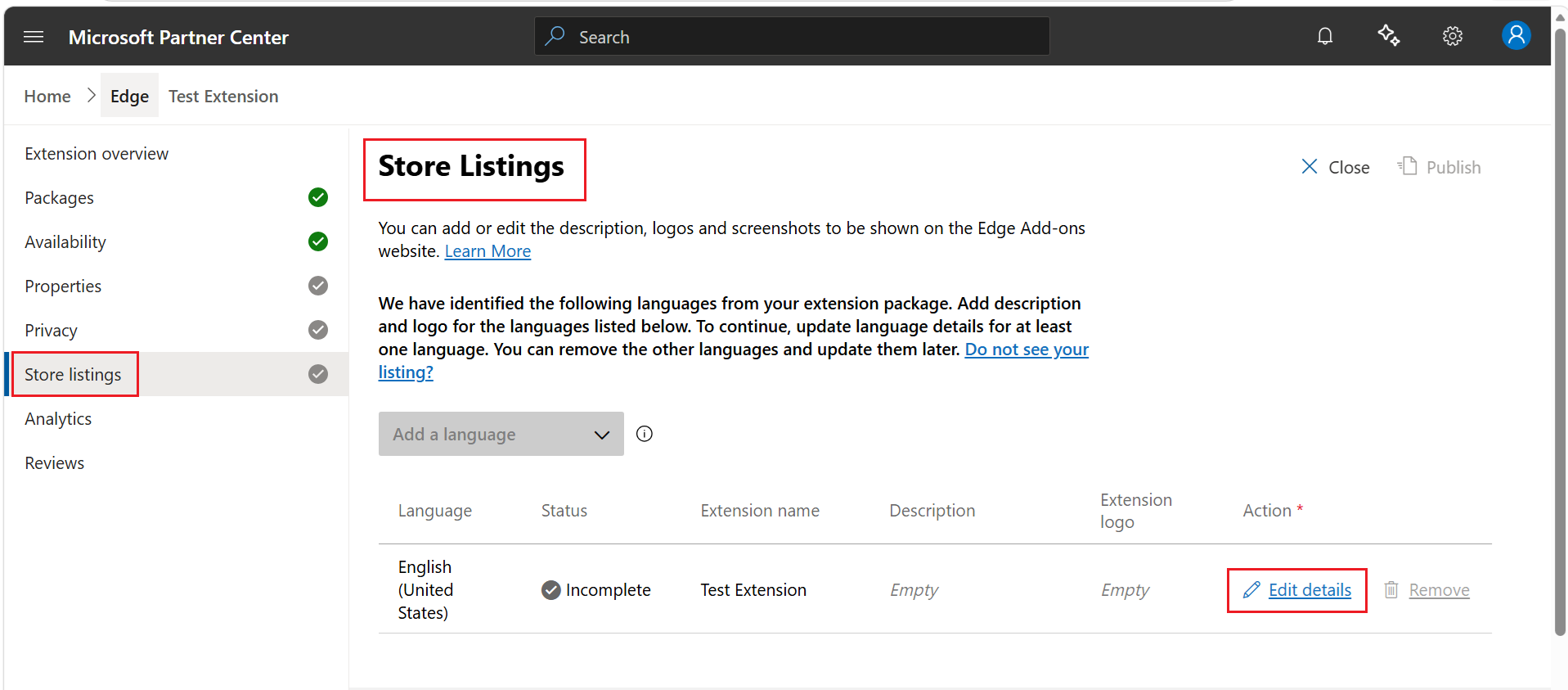 Store listing section for an extension