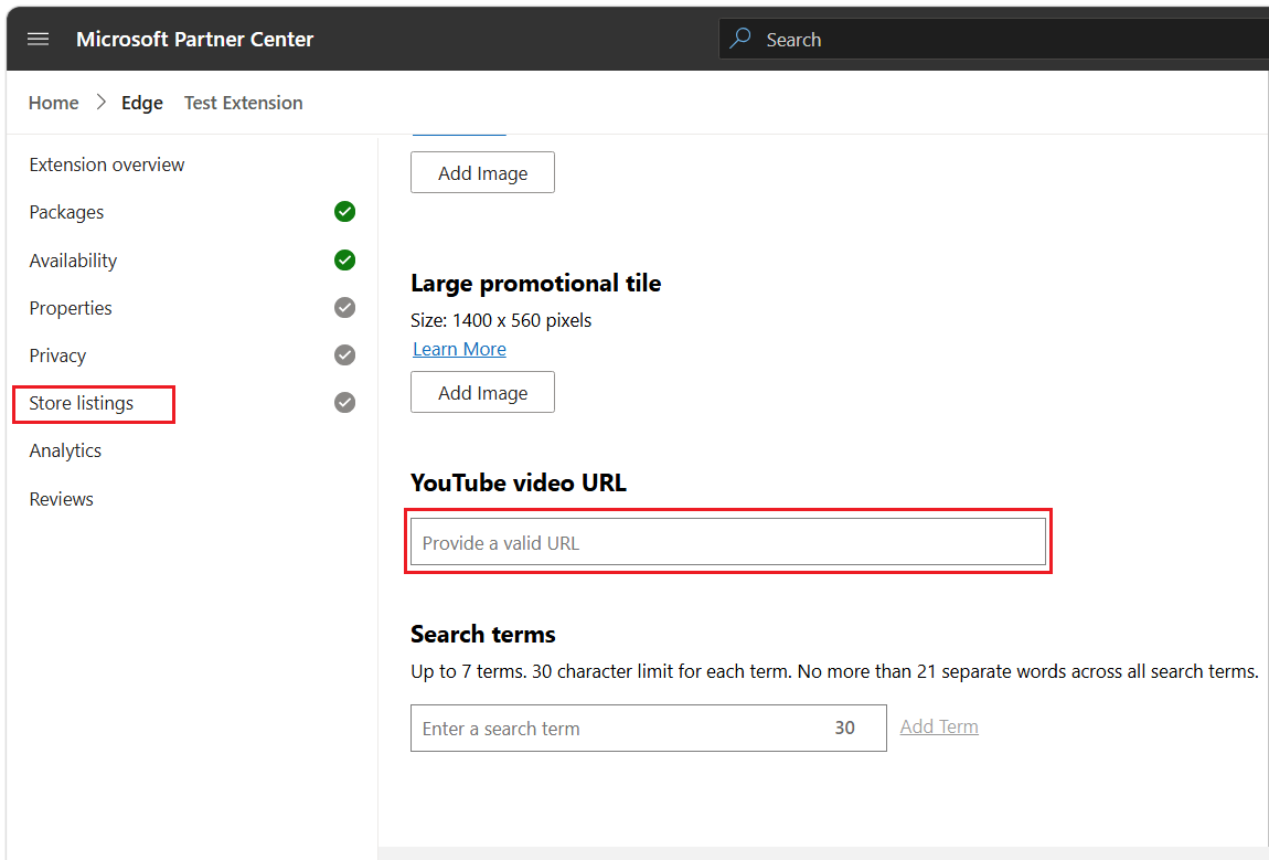 The "YouTube video URL" text box in the Details for English page