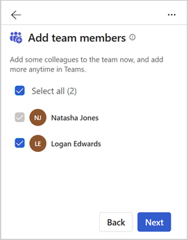 Screenshot of the Add team members step in the Sales agent in Outlook.