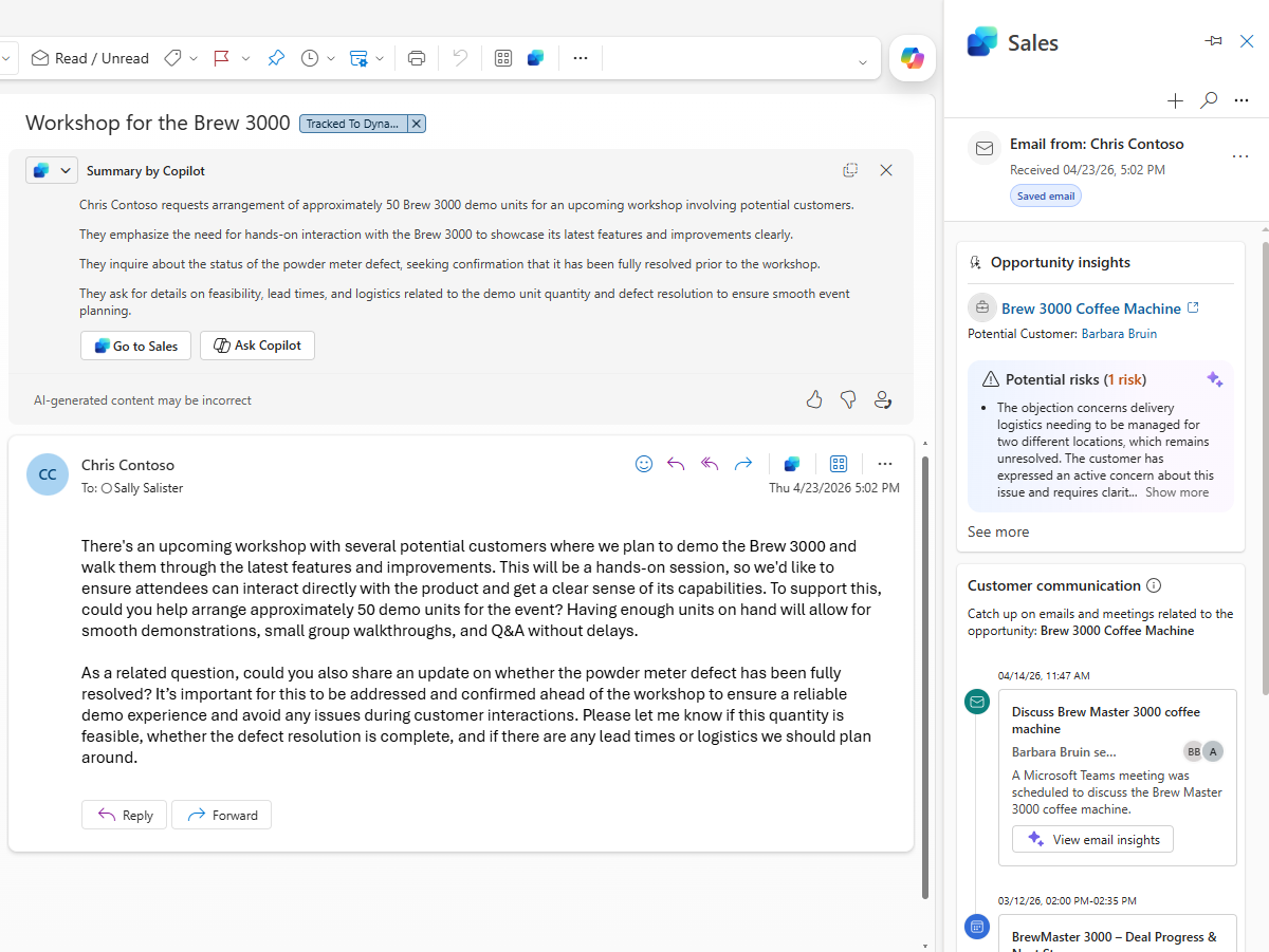 Screenshot of the Sales pane in Outlook on the web.