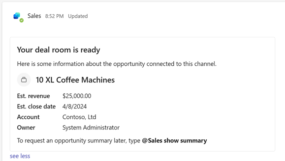 Screenshot of an opportunity summary in a deal room channel when Copilot AI features are turned off.