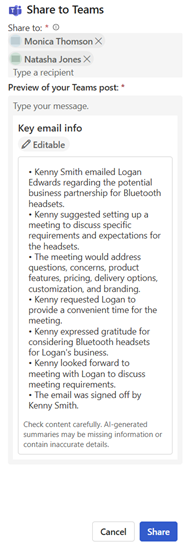 Screenshot of the message preview in the Sales side pane.