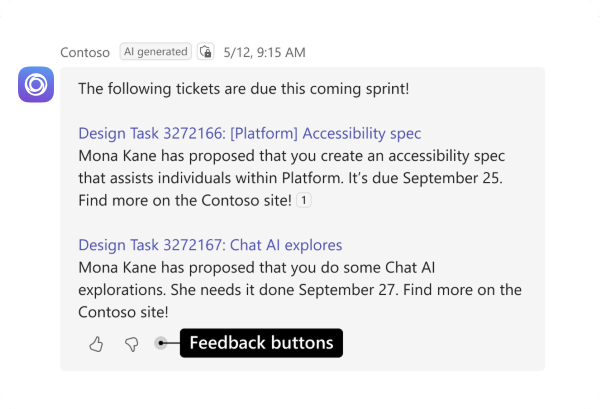 Screenshot shows the feedback buttons in a bot in the Teams desktop client.