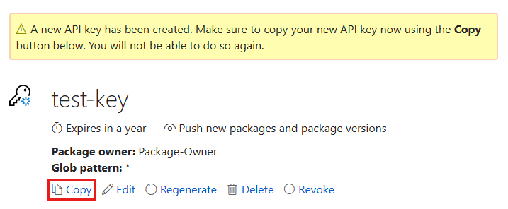 Screenshot of a nuget.org page that shows the new API key, a message about copying the key now, and the Copy button, which is highlighted.