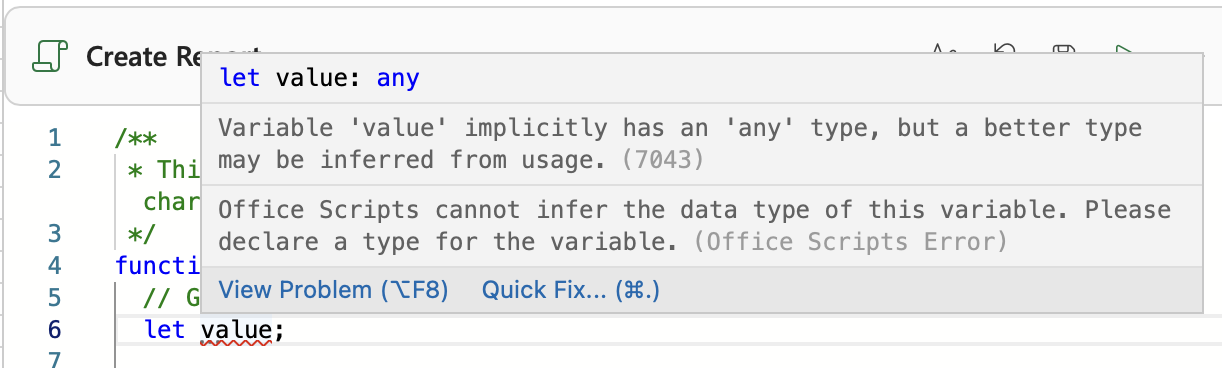 An error message in the code editor's hover text with a 'Quick Fix' button.