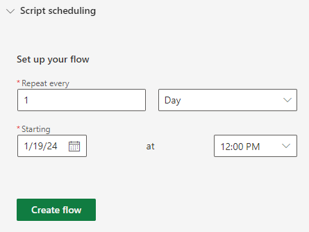 The code editor task pane that shows the recurrence interval options for scheduling a script.