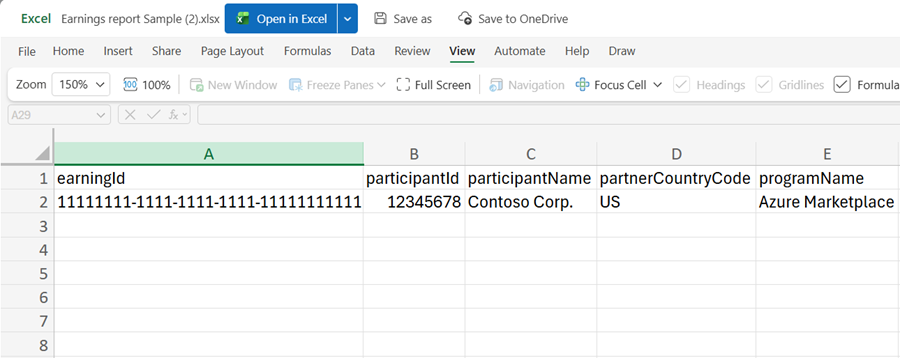 Screenshot showing columns A through E of a sample Excel Earnings report.