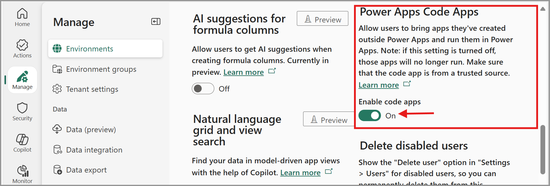 Screenshot of the Power Apps code apps feature and Enable code apps toggle.