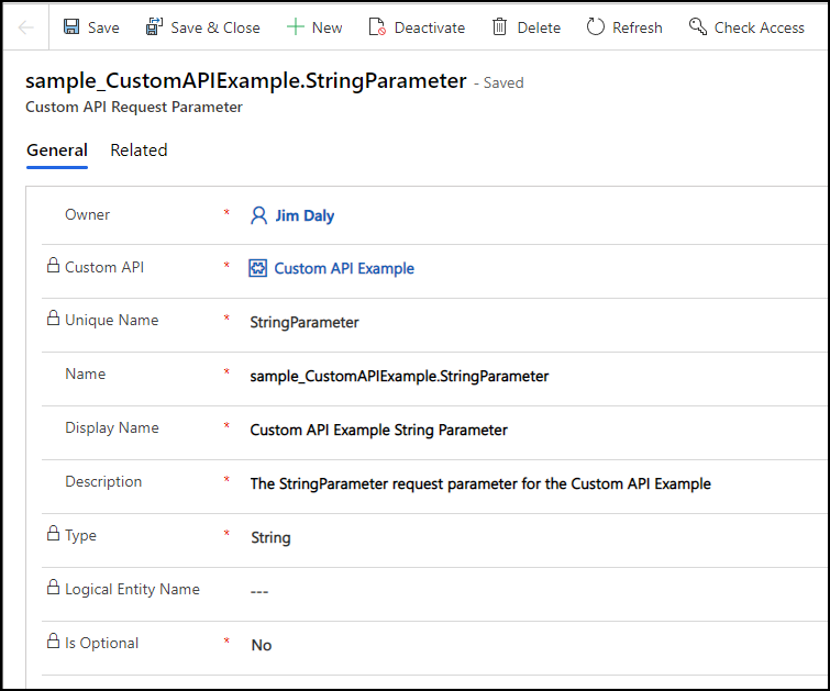 Screenshot of an example custom API request parameter form.