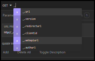 Screenshot of Insomnia showing the list of available environment variables for the URL.